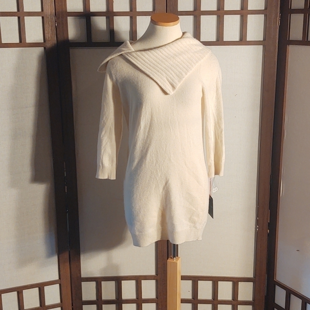 Cynthia Rowley Asymmetrical Collar Cashmere White Sweater Dress Sz S NWT